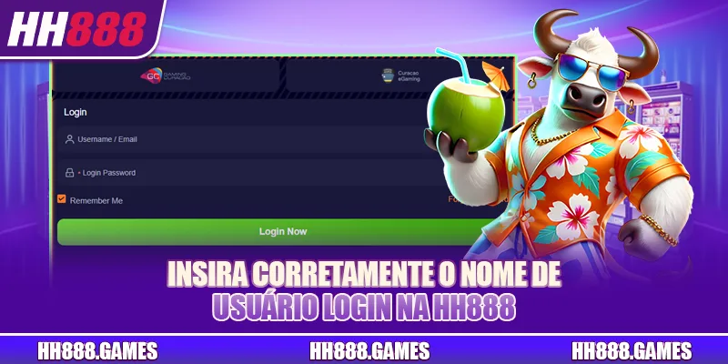 Insira corretamente o nome de usuário login na HH888